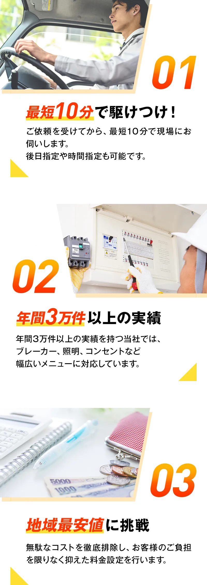 ①最短10分で駆けつけ！ ②年間3万件以上の実績！ ③地域最安値に挑戦