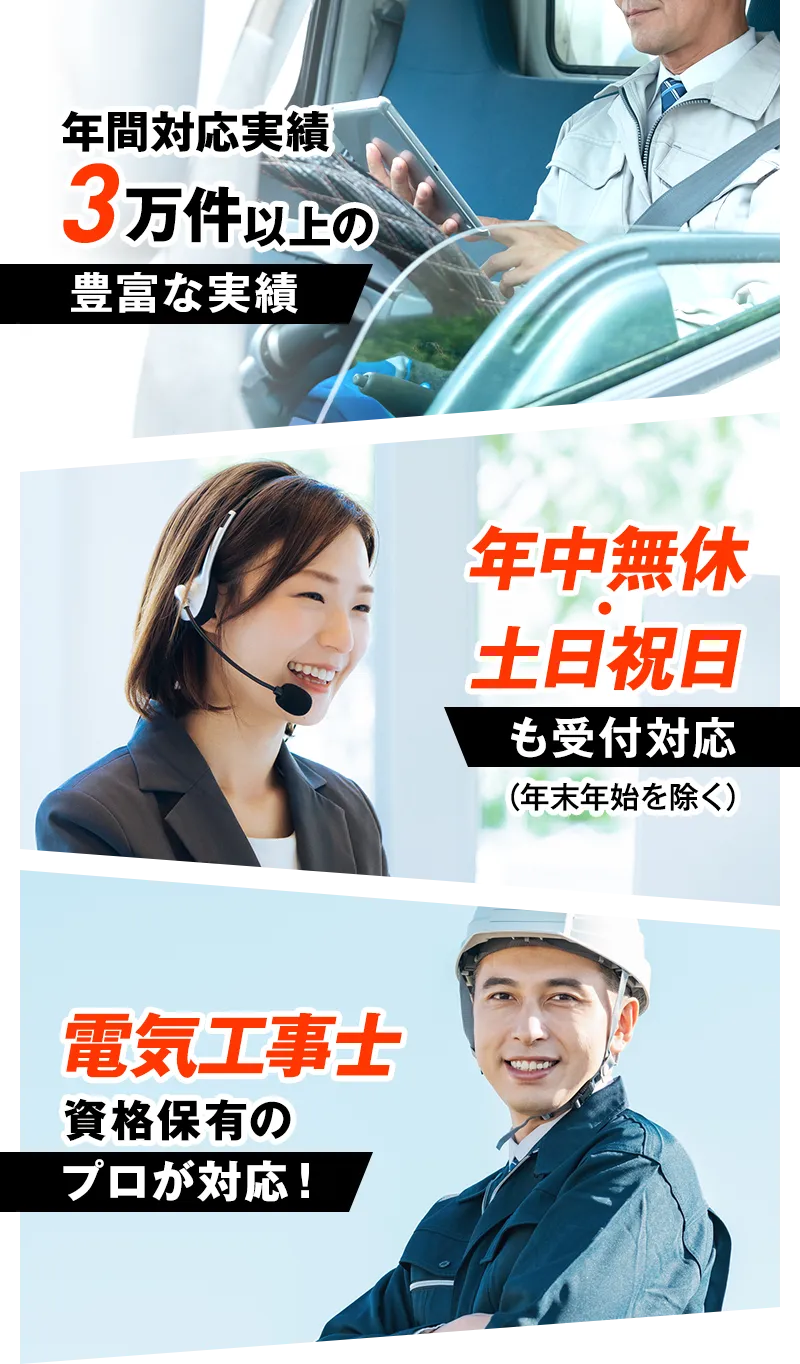 年間対応実績3万件以上の豊富な実績・年中無休・土日祝日も受付対応(年末年始を除く)・電気工事士資格保有のプロが対応！