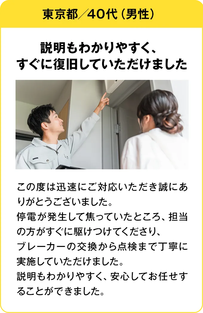 東京都・40代・男性 説明もわかりやすく、すぐに復旧していただけました：この度は迅速にご対応いただき誠にありがとうございました。停電が発生して焦っていたところ、担当の方がすぐに駆けつけてくださり、ブレーカーの交換から点検まで丁寧に実施していただけました。説明もわかりやすく、安心してお任せすることができました。