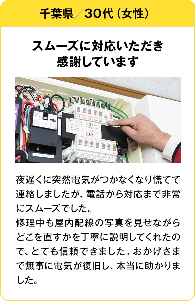 千葉県・30代・女性 スムーズに対応いただき感謝しています：夜遅くに突然電気がつかなくなり慌てて連絡しましたが、電話から対応まで非常にスムーズでした。修理中も屋内配線の写真を見せながらどこを直すかを丁寧に説明してくれたので、とても信頼できました。おかげさまで無事に電気が復旧し、本当に助かりました。